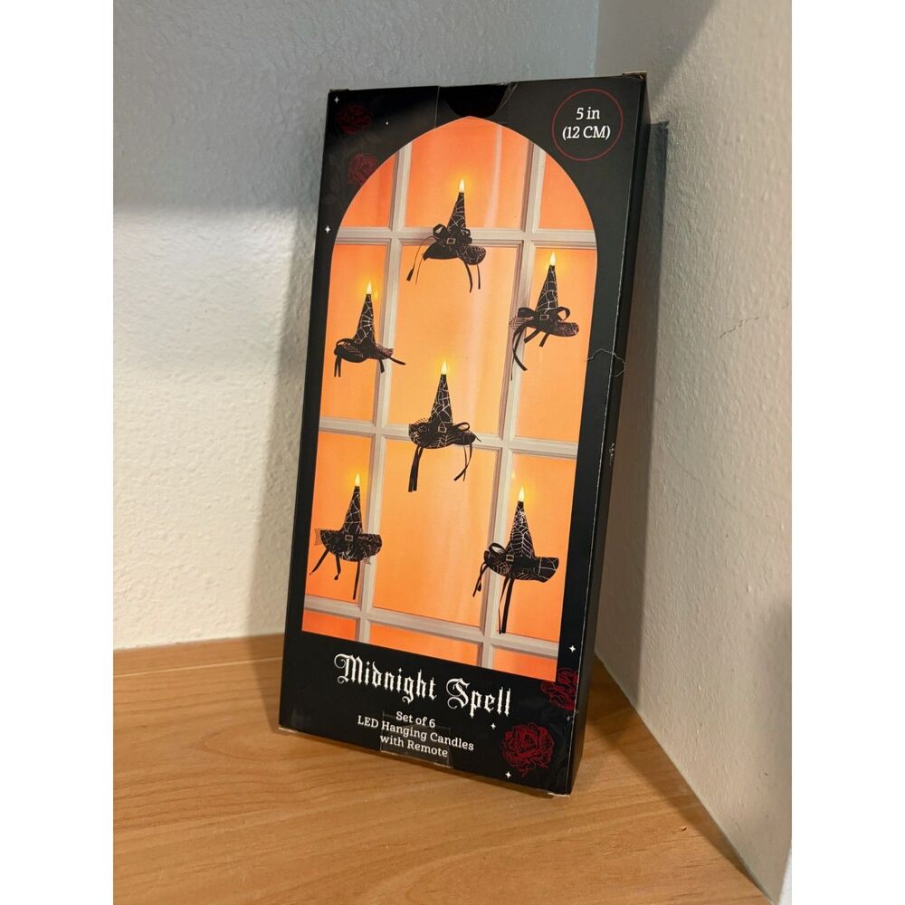 Midnight Spell Set of 6 LED Hanging Candles Witch Hat with Remote Control NIB